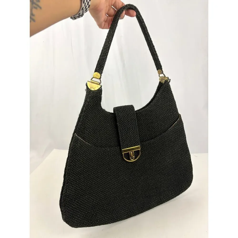 VTG 1970s Charcoal Black Tweed‎ Hobo Bag Gold Hardware Unique